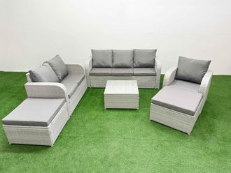 Fimous Patio PE Wicker 8 Seater Outdoor Rattan Furniture Sofa Sets w/ Square Coffee Table Reclining Chair Loveseat Sofa 3 Seater Sofa 2 Big