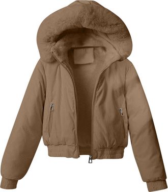 Generic Winter Coats for Women Short Corduroy Jacket Thermal Sherpa Fleece Lined Winter Jackets with Faux Fur Hood Zipper Warm Plush Overcoat Cropped Coats Wi