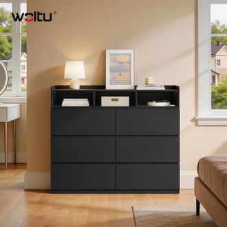 Woltu Woltu C&oacute;moda De 6 Cajones, Mueble De Almacenamiento Para Dormitorios, Salas De Estar Y Recibidores, Con 3 Compartimentos Abiertos Y 1 Estante Elevado,