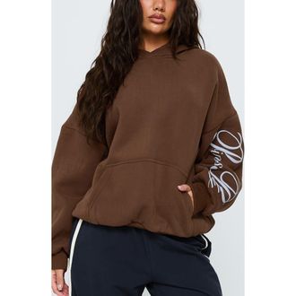 Princess Polly Script Logo Graphic Hoodie in Brown /Blue at Nordstrom, Size 0