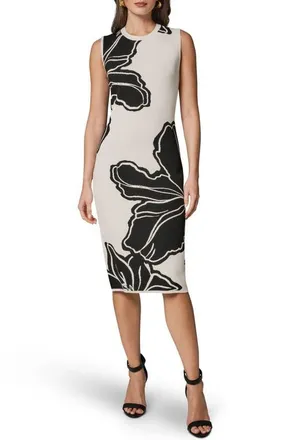 DKNY Floral Sleeveless Jacquard Midi Dress in Cream/black at Nordstrom, Size X-Large