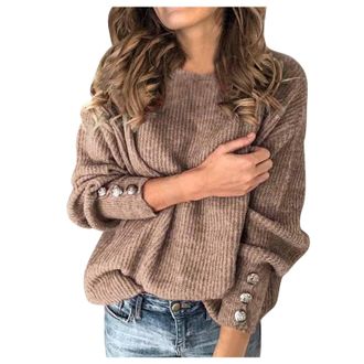 Generic Womens Jumpers Long Sleeve Tops Sweater Crewneck Knitted Jumpers Pullover Lightweight Loose Sweatshirts Stretch Knitwear Ladies Solid Color Casual Win