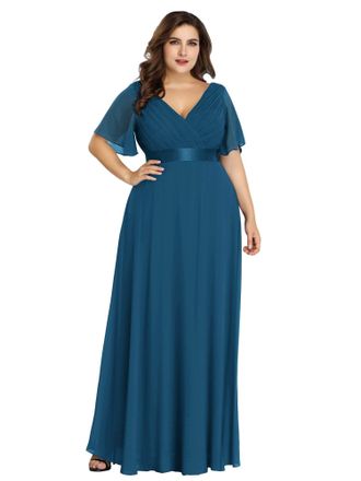 Ever-pretty Womens Double V Neck Empire Waist Short Sleeve A Line Asymmetrical Hem Long Chiffon Plus Size Bridesmaid Dresses Teal 20UK