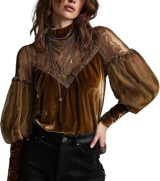 Generic Womens Tops Wrap Mock Neck Shirt Retro Gold Velvet Lace Patchwork Balloon Sleeve Blouse Elegant Flared Swing Top Round Neck (Brown,XL)