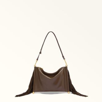 Furla Sfera Soft Shoulder Bag Toni Espresso Nappa Leather + Suede Fringes Woman