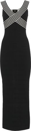 Elisabetta Franchi Black V-Neck Midi Dress with Striped Accents