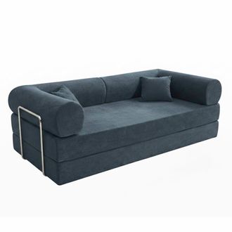 Oviala Sof&aacute; cama de 2 plazas en tela con cojines modulares azul oscuro 204 cm