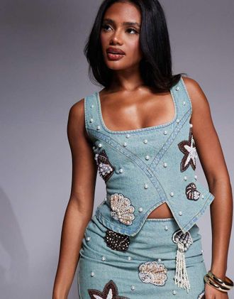 Asos Corsetto in denim decorato con perle e dettagli ispirati al mare in coordinato-Blu