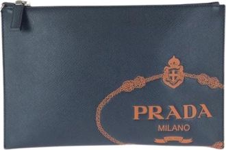 Prada Pre-owned Saffiano Leren Clutch Tas - Dames - Vintage Clutch - Blauw - ONE Size - Leer - Vintage