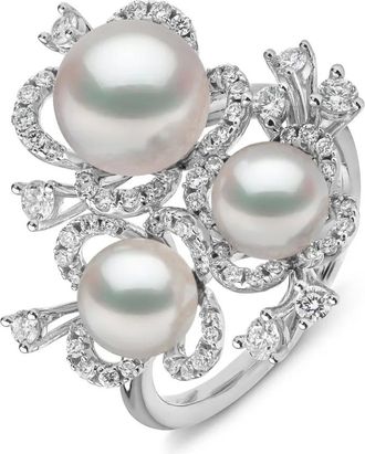 Yoko London Anello Petal in oro bianco 18 carati con perle Akoya e diamanti - Argento