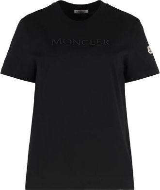 Moncler Geborduurde Tonal Logo Katoenen T-shirt - Dames - T-shirts - Zwart - XS - Katoen - Tops