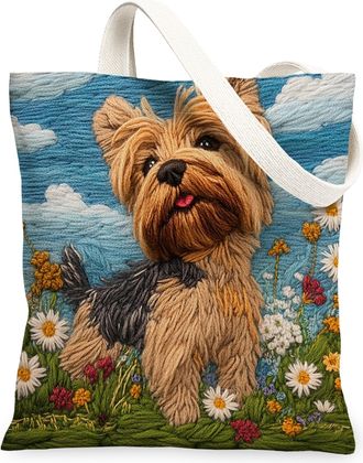 Generic Spring Yorkie Dog Canvas Tote Bag for Shopping 13x15, Knitting Style Garden Puppy Reusable Grocery Print Pattern Bag for Women, Fun Pet Beach Aestheti