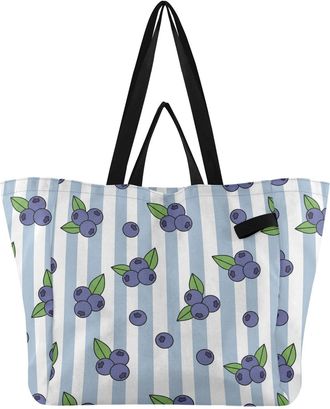 Generic Blueberries Leaves Blue print Reusable Canvas Tote Bag, Heavy Duty Grocery Shopping Bag with Large Capacity Hard Bottom Double Handles Work Groceries 