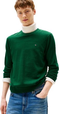 Tommy Hilfiger Mens Cotton Solid Crewneck Sweater Lightweight Pullover, Also Available in Big & Tall, Ornamental Green Heather, Medium