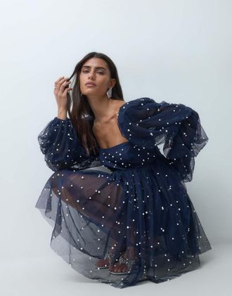 Asos vestito babydoll in tulle con decorazione di perle, blu navy