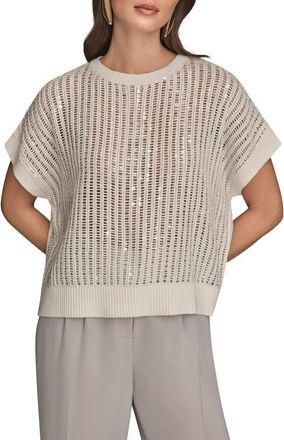 DKNY Sequin Open Stitch Short Sleeve Sweater in Cream at Nordstrom, Size X-Small