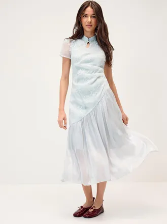 Twik Womens Embroidered flowers buttoned collar maxi dress