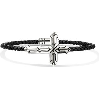 John Hardy Icon Silver Cross Woven Leather Bracelet at Nordstrom, Size X-Large