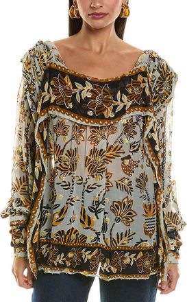 Farm Rio Farm Rio Floral Tapestry Silver Bee Hive Detail Long Sleeve Blouse