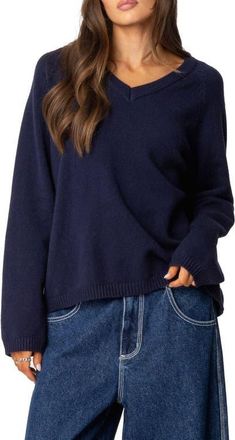 Edikted Martha Oversized V-Neck Sweater in Navy at Nordstrom, Size X-Large