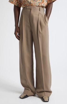 Valentino Pleated Virgin Wool Trousers in Light Brown at Nordstrom, Size 54