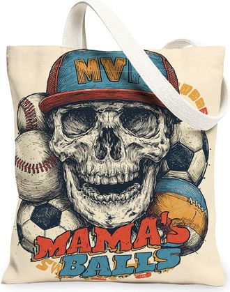 Generic Skull Sports Canvas Tote Bags, Fun Graphic Design Lightweight Reusable Grocery Bags, Summer Vintage Chic Shoulder Strap Can, Beige, 13x15 Inch