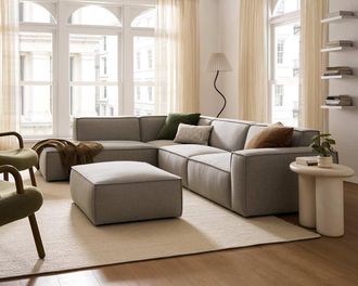 Castlery Jonathan Extended Side Chaise Sectional Sofa Left Facing with Ottoman, Dove Grey, Modular, Low-Profile, Castlery