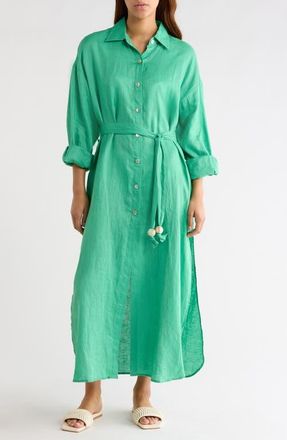 Elan Long Sleeve Linen Maxi Shirtdress in Green at Nordstrom, Size X-Large