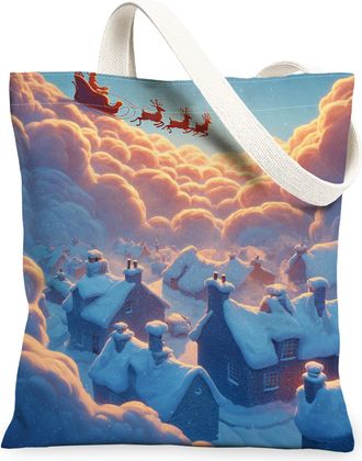 Generic Winter Clouds Canvas Tote Bags, Cozy Snow Scene Reusable Grocery Bags, Vintage Lightweight Washable Shoulder Strap Canvas F, Blue, 13x15 Inch