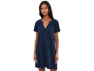 Mod-o-doc Short Sleeve Shirred Split-Neck Dress Womens Dress Vibrant Navy : LG (US 12-14), Cotton