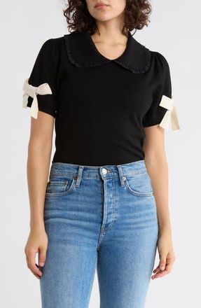 Adrianna Papell Ruffle Peter Pan Collar Short Sleeve Sweater in Black/Cream at Nordstrom Rack, Size X-Small