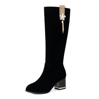 Generic Womens Fashion Faux Suede Knee High Wide Calf Round Toe Block Heel Stretch Winter Motorcycle Shoes with Side Zipper (Black,7.5)