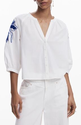 Desigual Beaded Puff Sleeve Crop Shirt in White at Nordstrom, Size Medium