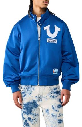True Religion Logo Screenprint Bomber Jacket in Pacific Blue at Nordstrom, Size Xxx-Large