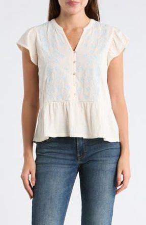 Lucky Brand Embroidered Flutter Sleeve Cotton Top in Gardenia at Nordstrom Rack, Size X-Large