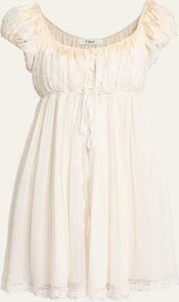 Chlo&eacute; Lace-Trim Short-Sleeve Silk Mousseline Mini Babydoll Dress