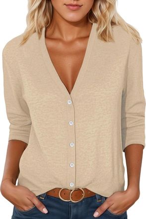 Generic Womens Lightweight Cardigan V Neck 3/4 Sleeve Button Front Sweater Casual Fall Spring Thin Knit Top for Ladies (Beige, XXL)