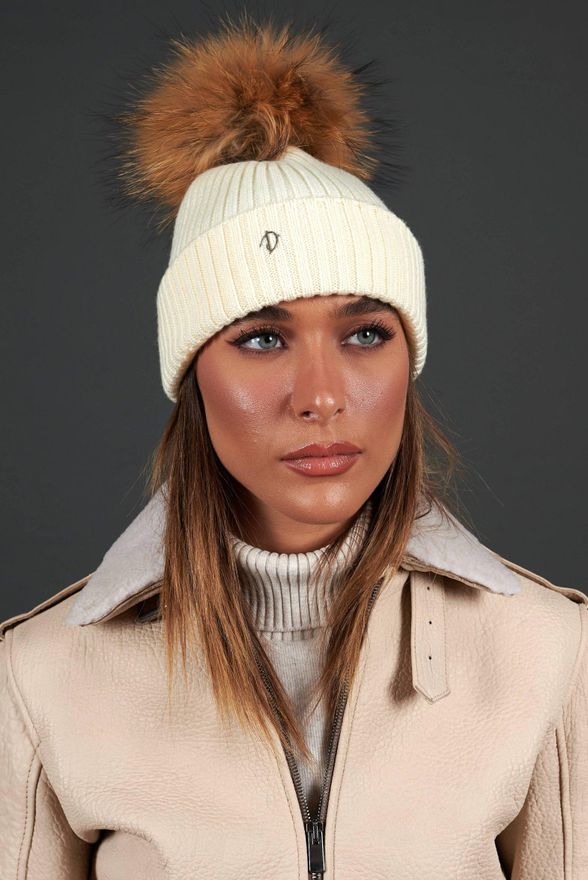 Cappello in lana panna con pompon in pelliccia colore naturale DArienzo, Seleziona Taglia Unica, Colore Panna