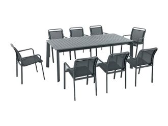 Vente-Unique Comedor de jard&iacute;n de aluminio: mesa extensible L.205/286.5 cm y 8 sillones apilables - Gris oscuro - VELYRA de MYLIA