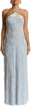 Naked Wardrobe Burnout Halter Maxi Cocktail Dress in Floral Soft Blue at Nordstrom Rack, Size X-Small