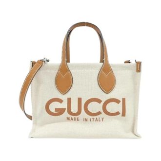 Gucci Pre-owned Cotton Linen Canvas Leather Shoulder Bag - Dames - Pre-owned - Beige - Maat: ONE Size Katoen