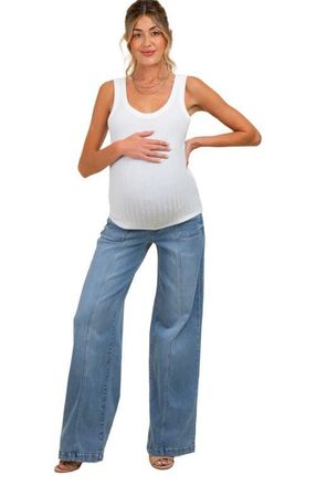 Pinkblush Front Seam Super Wide Leg Maternity Jeans in Blue at Nordstrom, Size 26