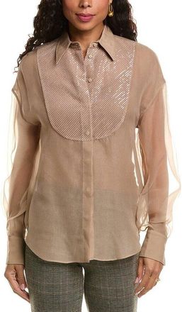 Brunello Cucinelli Womens Almond Butter Silk Shirt, Size XL