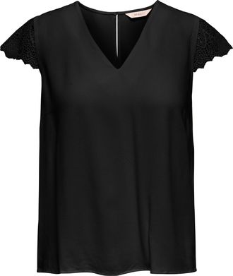 Only Kurzarmbluse ONLY ONLELVA-VIA S/S DETAIL TOP WVN CS FR, Damen, Gr. XL, schwarz, Web, Obermaterial: 100% Viskose, unifarben, normal, V-Ausschnitt, Blus