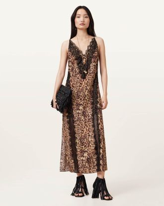 AllSaints Polyester Melia Leopard Print Maxi Dress, Size: UK 12/US 8