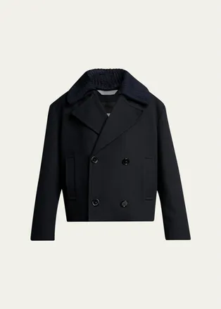 Balenciaga Mens Wool Knit-Collar Double-Breasted Jacket