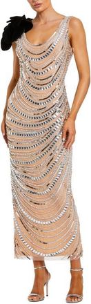 Mac Duggal Mesh Beaded 3D Flower Cowl Back Ankle Dress in Silver Nude at Nordstrom, Size 12