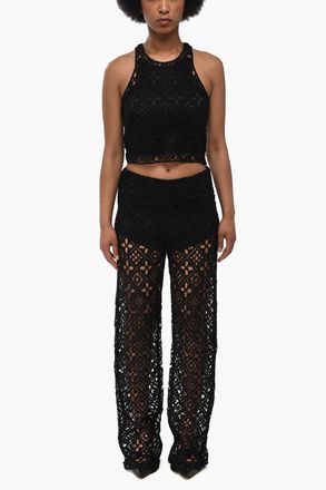 Off-white Pantaloni Palazzo in Misto Cotone Crochet con Zip Laterale Off-White