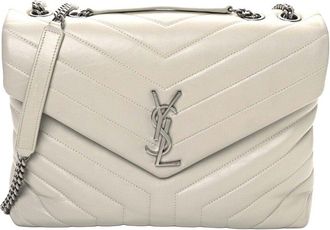 Saint Laurent Ivory Calfskin Y Quilted Monogram Leather Medium Loulou Chain Satchel (Authentic Pre-Loved)