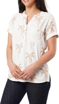 Sunny Leigh Palm Tree Embroidered Short Sleeve Button-Up Shirt in White /Khaki at Nordstrom Rack, Size X-Large